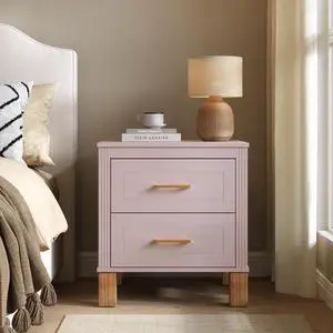 2 Drawer Nightstand, Premium Wood Storage With Elegant Fluted Design, Solid Wood Legs Nightstand With Metal Handle, Tall Bedside Table For Bedroom Living Room, Pink 2 Drawer Nightstand, Premium Wood Storage With Elegant Fluted Design, Solid Wood Legs Nightstand With Metal Handle, Tall Bedside Table For Bedroom Living Room, Pink