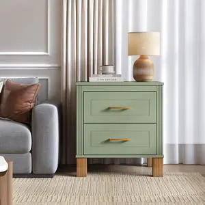 2 Drawer Nightstand, Premium Wood Storage With Elegant Fluted Design, Solid Wood Legs Nightstand With Metal Handle, Tall Bedside Table For Bedroom Living Room, Sage Green 2 Drawer Nightstand, Premium Wood Storage With Elegant Fluted Design, Solid Wood Legs Nightstand With Metal Handle, Tall Bedside Table For Bedroom Living Room, Sage Green