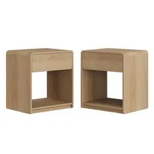 Mid-Century Modern Bedside Table Set, 2 Pieces, With Storage Drawers And Open Shelves, Bedroom Side Table With Rounded Corners, Compact Bedside Table Set, Oak Color Mid-Century Modern Bedside Table Set, 2 Pieces, With Storage Drawers And Open Shelves, Bedroom Side Table With Rounded Corners, Compact Bedside Table Set, Oak Color
