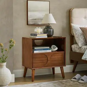 Mid Century Modern Fluted Nightstand With Charging Station Usb Ports & Outlet Hole & 4 Solid Wood Legs, Farmhouse End Table With Open Space And Drawer Dresser, Walnut Mid Century Modern Fluted Nightstand With Charging Station Usb Ports & Outlet Hole & 4 Solid Wood Legs, Farmhouse End Table With Open Space And Drawer Dresser, Walnut
