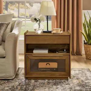 Mid Century Modern Nightstand With Charging Station & Outlet Hole & 2 Drawers, Farmhouse End Table With Open Shelf & Glass Drawer Dresser, Side Cabinet For Living Room Reception Room Dorm-Light Walnut Mid Century Modern Nightstand With Charging Station & Outlet Hole & 2 Drawers, Farmhouse End Table With Open Shelf & Glass Drawer Dresser, Side Cabinet For Living Room Reception Room Dorm-Light Walnut