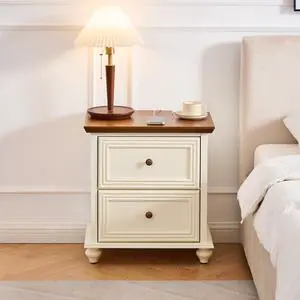 22.9" Mid Century Modern Nightstand With Charging Station & Outlet Hole & 2 Drawers, Wood End Table With Stroage, Side Cabinet With For Living Room Entryway Reception Room, Brown And White 22.9" Mid Century Modern Nightstand With Charging Station & Outlet Hole & 2 Drawers, Wood End Table With Stroage, Side Cabinet With For Living Room Entryway Reception Room, Brown And White
