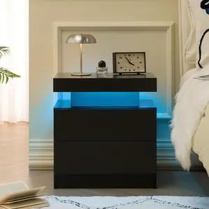 Nightstand Led Bedside Table Cabinet Lights Modern End Side With 2 Drawers For Bedroom (Black) Nightstand Led Bedside Table Cabinet Lights Modern End Side With 2 Drawers For Bedroom (Black)