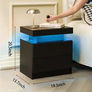 Led Nightstands Set Of 2, Bedside Table Cabinet Lights Modern End Side With 2 Drawers For Bedroom (Black) Led Nightstands Set Of 2, Bedside Table Cabinet Lights Modern End Side With 2 Drawers For Bedroom (Black)