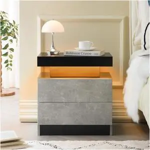 Nightstand Led Bedside Table Cabinet Lights Modern End Side With 2 Drawers For Bedroom (Black+Gray) Nightstand Led Bedside Table Cabinet Lights Modern End Side With 2 Drawers For Bedroom (Black+Gray)