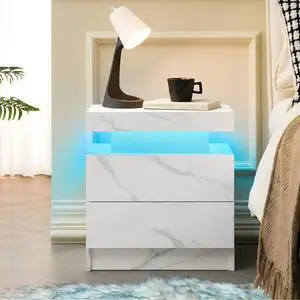 Nightstand Led Bedside Table Cabinet Lights Modern End Side With 2 Drawers For Bedroom (White Stone) Nightstand Led Bedside Table Cabinet Lights Modern End Side With 2 Drawers For Bedroom (White Stone)