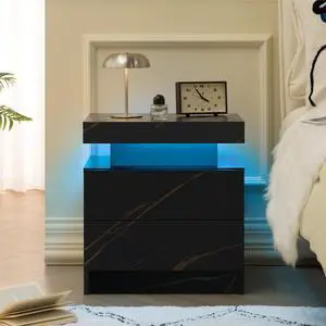 Nightstand Led Bedside Table Cabinet Lights Modern End Side With 2 Drawers For Bedroom (Black Gold) Nightstand Led Bedside Table Cabinet Lights Modern End Side With 2 Drawers For Bedroom (Black Gold)