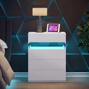 Nightstand With Led Lights, Bedside Table, Side Table With 4 Drawers, Modern Style,White Nightstand With Led Lights, Bedside Table, Side Table With 4 Drawers, Modern Style,White