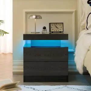 Nightstand Led Bedside Table Cabinet Lights Modern End Side With 2 Drawers For Bedroom (Black Woodgrain) Nightstand Led Bedside Table Cabinet Lights Modern End Side With 2 Drawers For Bedroom (Black Woodgrain)
