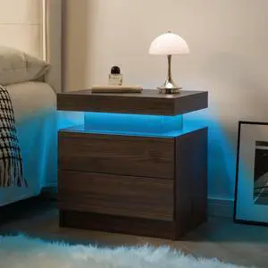 Nightstand Led Bedside Table Cabinet Lights Modern End Side With 2 Drawers For Bedroom (Walnut) Nightstand Led Bedside Table Cabinet Lights Modern End Side With 2 Drawers For Bedroom (Walnut)