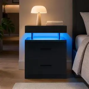 Nightstand Led Bedside Table Cabinet Lights Modern End Side With 2 Fabric Drawers For Bedroom (Black) Nightstand Led Bedside Table Cabinet Lights Modern End Side With 2 Fabric Drawers For Bedroom (Black)