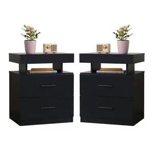 Led Nightstand Set Of 2 Bedside Table Cabinet Lights Modern End Side With 2 Fabric Drawers For Bedroom (Black) Led Nightstand Set Of 2 Bedside Table Cabinet Lights Modern End Side With 2 Fabric Drawers For Bedroom (Black)