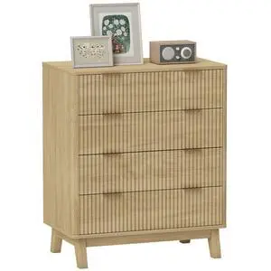 Homcom Fluted Dresser For Bedroom With 4 Drawers, Chest Of Drawers With Gold Finger Pulls And 4 Wood Legs, Natural Wood Homcom Fluted Dresser For Bedroom With 4 Drawers, Chest Of Drawers With Gold Finger Pulls And 4 Wood Legs, Natural Wood