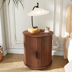 Mid Century Modern Cylinder End Table With Built-In Charging Station & Sliding Door, 2-Tier Storage Round Nightstand With Usb Ports, Walnut Bedside Table For Living Room, Bedroom, Entryway Mid Century Modern Cylinder End Table With Built-In Charging Station & Sliding Door, 2-Tier Storage Round Nightstand With Usb Ports, Walnut Bedside Table For Living Room, Bedroom, Entryway