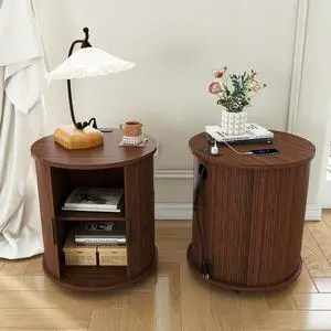 Set Of 2 Mid Century Modern Cylinder End Tables With Built-In Charging Station & Sliding Door, 2-Tier Storage Round Nightstands With Usb Ports, Walnut Bedside Tables For Living Room, Bedroom, Entryway Set Of 2 Mid Century Modern Cylinder End Tables With Built-In Charging Station & Sliding Door, 2-Tier Storage Round Nightstands With Usb Ports, Walnut Bedside Tables For Living Room, Bedroom, Entryway