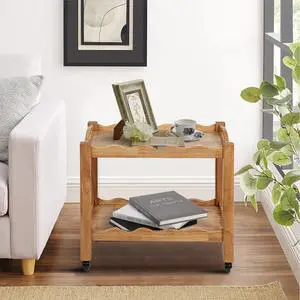 Solid Rubberwood Rolling Side Table, 2-Tier With Lockable Wheels & Removable Tray, Sturdy Durable For Bar Cart, Nightstand, End Table, Sofa Table Solid Rubberwood Rolling Side Table, 2-Tier With Lockable Wheels & Removable Tray, Sturdy Durable For Bar Cart, Nightstand, End Table, Sofa Table