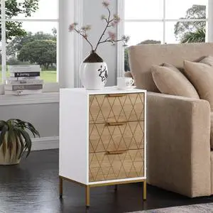 Nightstand With 3 Drawers, Mid-Century Modern End Table,Gold Metalfeet, Gold Metal Handles , Drawer Panels Are Shaped By Cutting Lines,End Table For Bedroom,White And Natural Nightstand With 3 Drawers, Mid-Century Modern End Table,Gold Metalfeet, Gold Metal Handles , Drawer Panels Are Shaped By Cutting Lines,End Table For Bedroom,White And Natural