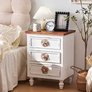 Vintage Farmhouse End Table With Floral Knobs 19" Rustic Nightstand With 3 Drawers & Gourd Legs,Bedside Or Sofa Accent Table, Almost Fully Assembled, Distressed White Vintage Farmhouse End Table With Floral Knobs 19" Rustic Nightstand With 3 Drawers & Gourd Legs,Bedside Or Sofa Accent Table, Almost Fully Assembled, Distressed White