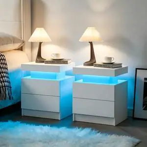 Led Nightstands Set Of 2, Bedside Table Cabinet Lights Modern End Side With 2 Drawers For Bedroom (White) Led Nightstands Set Of 2, Bedside Table Cabinet Lights Modern End Side With 2 Drawers For Bedroom (White)