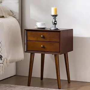 Nightstand With 2-Drawers, Small Side End Table With Storage, Walnut Nightstand With 2-Drawers, Small Side End Table With Storage, Walnut