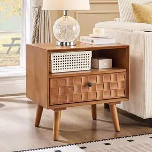 22" Mid-Century Modern Wood Nightstand With Carved Geometric Drawer Front, 1 Drawer And Open Shelf, Solid Wood Legs, Bedside Table For Bedroom 22" Mid-Century Modern Wood Nightstand With Carved Geometric Drawer Front, 1 Drawer And Open Shelf, Solid Wood Legs, Bedside Table For Bedroom