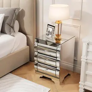 Baked Curved Mirror Nightstand With 3 Drawer Glass Bedside Table Chest Of Drawers For Bedroom Small Spaces End Table For Living Room Fashion Bedroom Furniture Silver Baked Curved Mirror Nightstand With 3 Drawer Glass Bedside Table Chest Of Drawers For Bedroom Small Spaces End Table For Living Room Fashion Bedroom Furniture Silver