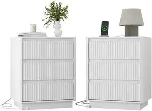 (Set Of 2)End Table With Fast Usb C Charging Station, Sofa Side Table With 3Drawers, Large Storage Modern Wood Storage Cabinet For Living Room,Bedroom,Office, White (Set Of 2)End Table With Fast Usb C Charging Station, Sofa Side Table With 3Drawers, Large Storage Modern Wood Storage Cabinet For Living Room,Bedroom,Office, White