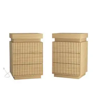 (Set Of 2) Natural Nightstand Set Of 2 With Charging Station & Led Lights, Fluted Wave Panel Bedside Table With Sliding Top Hidden Storage, Night Stand For Bedroom Living Room (Set Of 2) Natural Nightstand Set Of 2 With Charging Station & Led Lights, Fluted Wave Panel Bedside Table With Sliding Top Hidden Storage, Night Stand For Bedroom Living Room