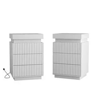 (Set Of 2) White Nightstand Set Of 2 With Charging Station & Led Lights, Fluted Wave Panel Bedside Table With Sliding Top Hidden Storage, Night Stand For Bedroom Living Room (Set Of 2) White Nightstand Set Of 2 With Charging Station & Led Lights, Fluted Wave Panel Bedside Table With Sliding Top Hidden Storage, Night Stand For Bedroom Living Room