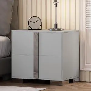 Modern End Table With Drawers, Elegant Nightstand With Metal Foot,Wood Bedside Table With Mirrored Metal Handles,Sofa Side End Table For Bedroom Living Room Office,Grey Modern End Table With Drawers, Elegant Nightstand With Metal Foot,Wood Bedside Table With Mirrored Metal Handles,Sofa Side End Table For Bedroom Living Room Office,Grey