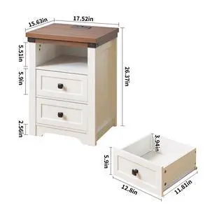 Farmhouse Side Table With Charging Station, Antique Nightstands With Drawers, Bedside Table With Open Shelf For Bedroom, White Farmhouse Side Table With Charging Station, Antique Nightstands With Drawers, Bedside Table With Open Shelf For Bedroom, White