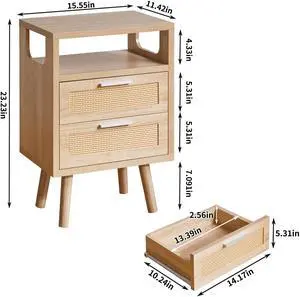 Set Of 2 With 2 Drawers, 15.4" Modern Storage Bedside Table With Handles, Wooden End Table For Bedroom,Natural Wood Set Of 2 With 2 Drawers, 15.4" Modern Storage Bedside Table With Handles, Wooden End Table For Bedroom,Natural Wood