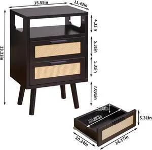 Set Of 2 With 2 Drawers, 15.4" Modern Storage Bedside Table With Golden Metal Handles, Wooden End Table For Bedroom, Black Set Of 2 With 2 Drawers, 15.4" Modern Storage Bedside Table With Golden Metal Handles, Wooden End Table For Bedroom, Black