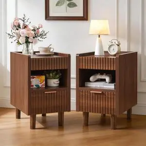 Walnut Brown Fluted Wood Nightstands With Drawer And Open Storage, 2 Pack Modern Bedroom Bedside Side End Tables For Living Room Home Decor Walnut Brown Fluted Wood Nightstands With Drawer And Open Storage, 2 Pack Modern Bedroom Bedside Side End Tables For Living Room Home Decor