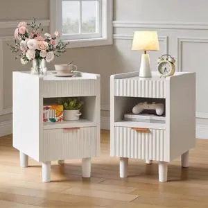 White Fluted Wood Nightstands With Drawer And Open Storage, 2 Pack Modern Bedroom Bedside Side End Tables For Living Room Home Decor White Fluted Wood Nightstands With Drawer And Open Storage, 2 Pack Modern Bedroom Bedside Side End Tables For Living Room Home Decor