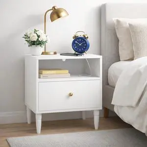 Modern White Nightstand With Drawer And Open Shelf, Bedside Table With Gold Knob, Solid Wood Legs, Small End Table For Bedroom, Living Room Modern White Nightstand With Drawer And Open Shelf, Bedside Table With Gold Knob, Solid Wood Legs, Small End Table For Bedroom, Living Room