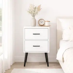 2-Drawer Nightstand With Metal Legs And Metal Handles, Modern White Bedside Table, Small End Table For Bedroom, Living Room Or Apartment 2-Drawer Nightstand With Metal Legs And Metal Handles, Modern White Bedside Table, Small End Table For Bedroom, Living Room Or Apartment