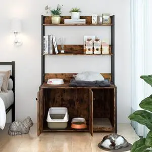 Large Cat Litter Box Enclosure With Shelf Storage, Hidden Cat Washroom Furniture, Wooden Cat House With Scratch Pad, Sturdy Indoor Cat Cabinet With 2 Doors(Brown) Large Cat Litter Box Enclosure With Shelf Storage, Hidden Cat Washroom Furniture, Wooden Cat House With Scratch Pad, Sturdy Indoor Cat Cabinet With 2 Doors(Brown)