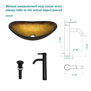 Artistic Tempered Glass Vessel Sink with Pop-Up Drain, Boat Shape Sink Above Counter and Faucet, Gold Artistic Tempered Glass Vessel Sink with Pop-Up Drain, Boat Shape Sink Above Counter and Faucet, Gold