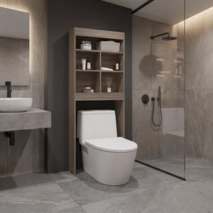 Over The-Toilet Storage Cabinet with Open Display Shelves and Toilet Surround, Brown Light Gray, Particle Board Over The-Toilet Storage Cabinet with Open Display Shelves and Toilet Surround, Brown Light Gray, Particle Board