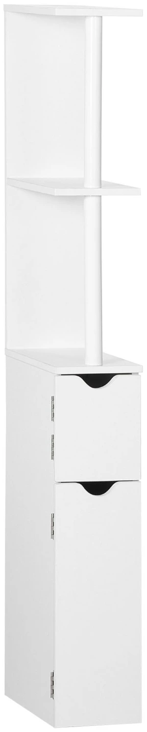 Tall Storage Cabinet, Freestanding Linen Tower with Open Shelves and 2 Door Cabinets, White, Particle Board Tall Storage Cabinet, Freestanding Linen Tower with Open Shelves and 2 Door Cabinets, White, Particle Board