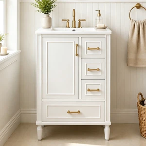 24 Inch Vanity with Ceramic Sink, Soft Close Door 3 Drawers Handles and Door Mounted Rack for Space Saving Storage 24 Inch Vanity with Ceramic Sink, Soft Close Door 3 Drawers Handles and Door Mounted Rack for Space Saving Storage