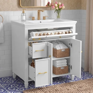 Video 30 Inch Freestanding Vanity with Ceramic Sink, Solid Wood Legs Handles Soft Close Door Tip Out Drawer Design Video 30 Inch Freestanding Vanity with Ceramic Sink, Solid Wood Legs Handles Soft Close Door Tip Out Drawer Design