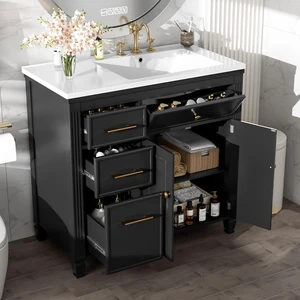 Video 36 Inch Vanity with Sink, Ceramic Sink One Tip Out Drawer Side Drawers Adjustable Shelf Same SKU, Black, Ceramic Video 36 Inch Vanity with Sink, Ceramic Sink One Tip Out Drawer Side Drawers Adjustable Shelf Same SKU, Black, Ceramic