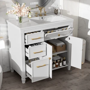 Video 36 Inch Vanity with Sink, Ceramic Sink One Tip Out Drawer Side Drawers Adjustable Shelf Same SKU, White, Ceramic Video 36 Inch Vanity with Sink, Ceramic Sink One Tip Out Drawer Side Drawers Adjustable Shelf Same SKU, White, Ceramic