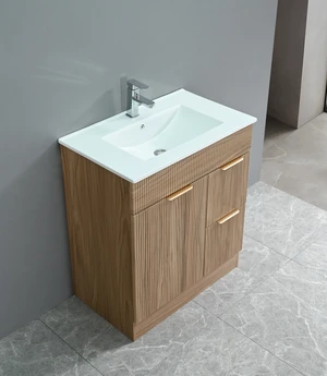 30 Inch Mid Century Vanity with Ceramic Sink Combo Set, Freestanding Fluted MDF Cabinet with 1 Door and 2 Drawers Gold 30 Inch Mid Century Vanity with Ceramic Sink Combo Set, Freestanding Fluted MDF Cabinet with 1 Door and 2 Drawers Gold