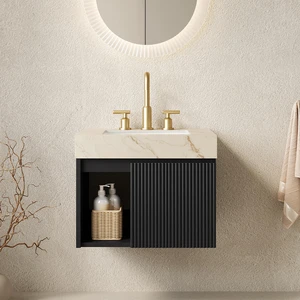 24 Inch Vanity and Sink, Floating Storage Cabinet Vein Sintered Stone Top and Ceramic Basin with Pre Drilled Faucet 24 Inch Vanity and Sink, Floating Storage Cabinet Vein Sintered Stone Top and Ceramic Basin with Pre Drilled Faucet