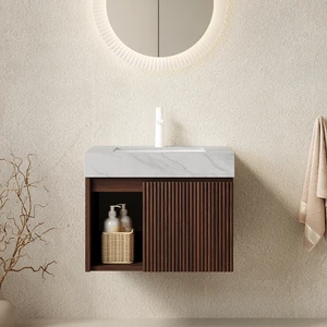 24 Inch Vanity and Sink, Floating Storage Cabinet Carrara Vein Sintered Stone Top and Ceramic Basin with Pre Drilled 24 Inch Vanity and Sink, Floating Storage Cabinet Carrara Vein Sintered Stone Top and Ceramic Basin with Pre Drilled