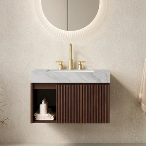 30 Inch Vanity and Sink, Floating Storage Cabinet Carrara Vein Sintered Stone Top and Ceramic Basin with Pre Drilled 30 Inch Vanity and Sink, Floating Storage Cabinet Carrara Vein Sintered Stone Top and Ceramic Basin with Pre Drilled