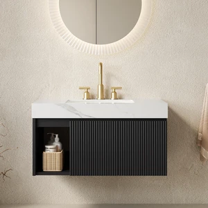 36 Inch Vanity and Sink, Floating Storage Cabinet Carrara Sintered Stone Top and Ceramic Basin with Pre Drilled Faucet 36 Inch Vanity and Sink, Floating Storage Cabinet Carrara Sintered Stone Top and Ceramic Basin with Pre Drilled Faucet